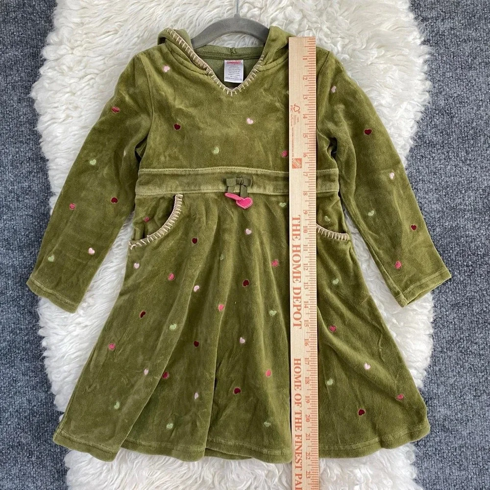 GYMBOREE KIDS GREEN EMBROIDERED HEARTS LONG SLEEVE DRESS HOODED